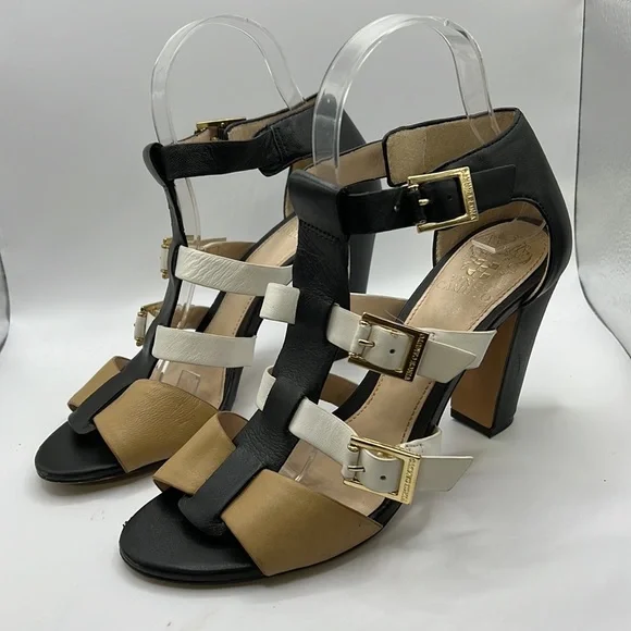 Vince Camuto Adriana Heels Gladiator Sandals Leather White Black Tan Womens 8 M - Picture 5 of 16